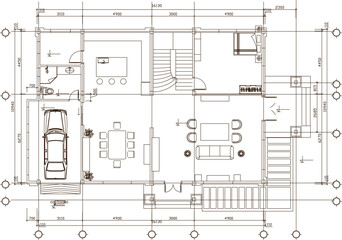 Vector silhouette illustration sketch, detailed drawing of site plan design, simple house interior layout 