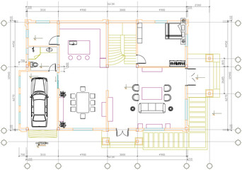 Vector silhouette illustration sketch, detailed drawing of site plan design, simple house interior layout