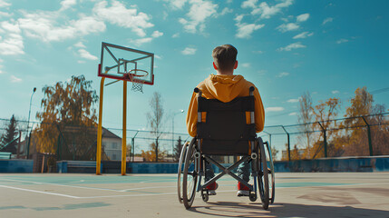 A person in wheel chair looking sad because he is isolated and can not join his friends to play basketball