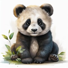 Naklejka premium Cute, fluffy panda sitting with a gentle expression, surrounded by green leaves. It can be used for educational materials, children's books, posters, and merchandise.