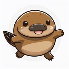 Obraz premium Cute, round cartoon platypus with a big smile, tiny limbs, and a flat tail. It has large, expressive eyes and a tan belly, giving it a friendly and playful appearance.