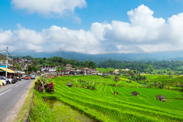 A scenic road in a Balinese village with vehicles and traditional houses against a backdrop of lush mountains.