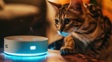 Curious Cat and Glowing Gadget: A Bengal feline mesmerized by a luminous blue device, its steam piquing the cat's curiosity in a cozy home setting.