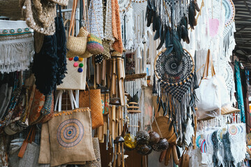 Traditional Thai crafts and souvenirs decorate an old market shop