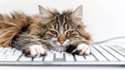 Cat Keyboard Master: A fluffy, long-haired cat with piercing green eyes lays on a white keyboard, paws outstretched, creating a humorous and adorable image of feline procrastination. The cat's express
