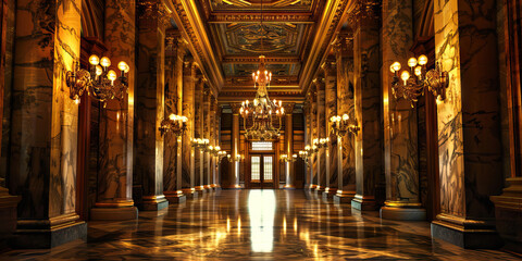 Obraz premium Hallowed Halls of Power: A grand government building, its marble columns and ornate chandeliers casting a regal glow