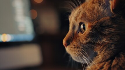 Curious Cat, Digital Gaze: A ginger cat's intense focus on a brightly lit computer screen in a cozy, dimly lit setting. 