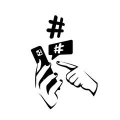 Hashtag concept. Phone in hand with hashtag symbol. Promotion of social networks. Description tags. Social media. Vector illustration flat design. Isolated on white background.
