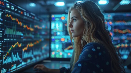 Professionals discussing colorful data on a large screen open office space realistic natural lighting high resolution