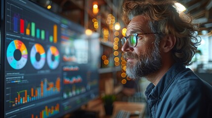 Diverse team examining vibrant charts on a large screen open office space realistic natural light high detail