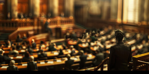 Voices of Democracy: A bustling legislative chamber, filled with politicians debating and voting for the greater good.