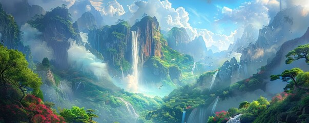 A waterfall cascading down a lush mountainside, its mist creating a rainbow of colors, symbolizing tranquility, rebirth, and the constant flow of life.