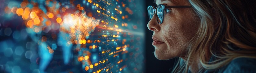 Professionals discussing colorful data on a large screen open office space realistic natural lighting high resolution