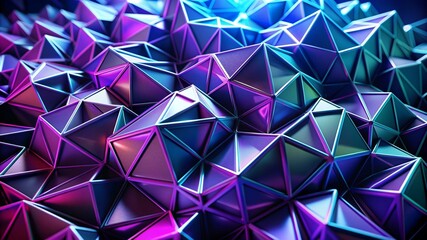 Black background with neon blue and purple polygonal shapes, 3D rendering, abstract geometric wallpaper.