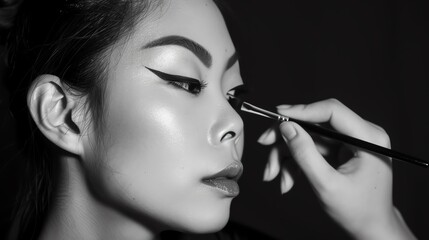 Fototapeta premium Close-up of a makeup artist applying eyeliner to a woman's eyelid. Black and white photo emphasizing beauty and precision.