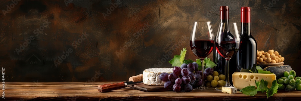 Aufkleber two wine glasses filled with red wine, two bottles of wine, and a selection of cheeses and grapes si