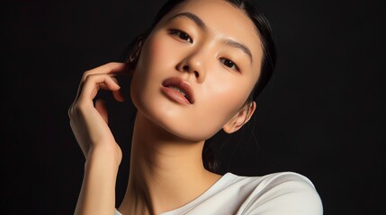 Fototapeta premium Elegant woman posing against a dark background, showcasing natural beauty and confidence in a minimalistic portrait.