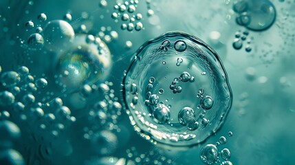 Macro close-up of delicate bubbles suspended in turquoise liquid, showcasing clarity and texture under light.