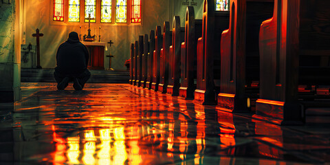 Footsteps of Faith: A person kneeling before a church confessional, seeking guidance and forgiveness.