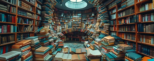 A whimsical library overflowing with books that defy gravity.