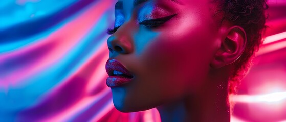 Stunning portrait of a woman bathed in vibrant neon lighting, showcasing flawless makeup and dramatic winged eyeliner in a studio setting.