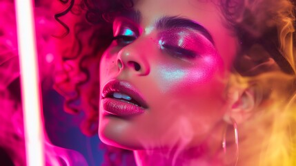 Fototapeta premium Vibrant close-up portrait of a woman with neon lighting and colorful smoke, highlighting unique makeup and curly hair.