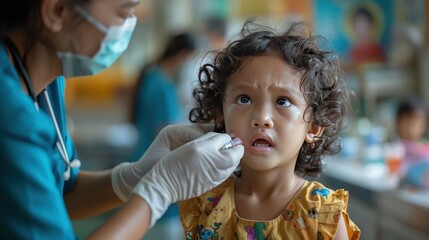 Obraz premium Pediatric Dengue Fever Blood Test - Tender Nurse Reassuring Anxious Child in Clinic Setting | Hyper-Realistic 8K Ultra-Realistic Photography