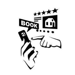 Online booking concept. Client holds the phone in hand with the application for rental housing, against the backdrop big city. Vector illustration flat design. Isolated on white background.