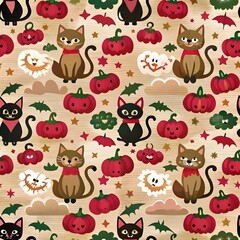 Fototapeta premium Abstract seamless pattern for girls or boys. Creative background with cat, cloud boo, and Halloween. Funny wallpaper for textiles and fabric. Fashion style. Colorful bright pictures for children