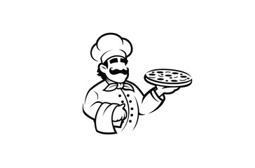 Creative Chef Cartoon Holding Pizza Logo Vector Design Symbol