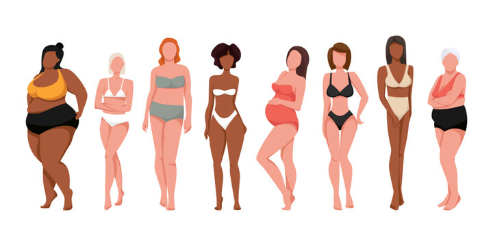 Women of different races, ages, height, size, figure type dressed in underwear or swimsuits standing in row.
