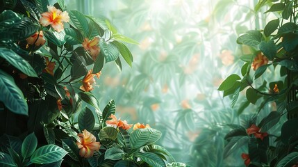 Fototapeta premium Lush green leaves and flowers in a greenhouse backdrop