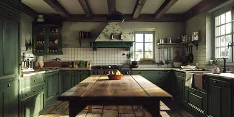 3d rendering of a wooden scandinavian kitchen with white brick wall, generative AI
