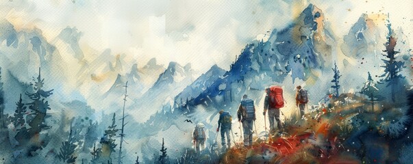A watercolor painting of a group of friends hiking through a mountain wilderness, their backpacks filled with supplies, their faces etched with determination.