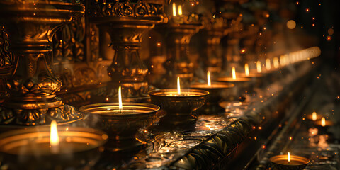Votive Candlelight: A row of flickering candles illuminating an intricately detailed altar