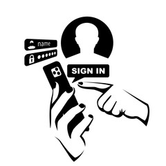 Hand hold smartphone, sign in page personal account mobile phone. Concept security personal data. Vector illustration flat design. Enter password. Identification person.