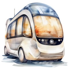 A futuristic, white electric bus with large windows and a sleek design. The bus is isolated on a white background.