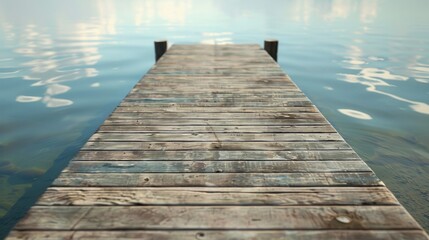 Obraz premium A serene scene with a wooden dock on a calm lake, surrounded by a light blue sky and water, evoking solitude and relaxation.