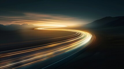 Obraz premium A winding road through a desert landscape with light trails from speeding cars at sunset.