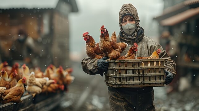 Ensuring Safety: Poultry Farm Worker in Protective Suit Amid Avian Flu Outbreak Carrying Crate of Chickens - Hyper-realistic 8k Photography