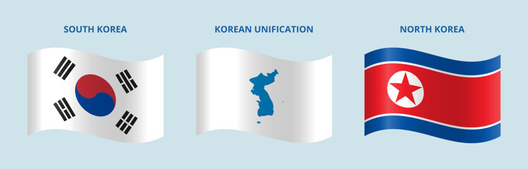Wavy flags of North Korea, South Korea and Korean Unification.	