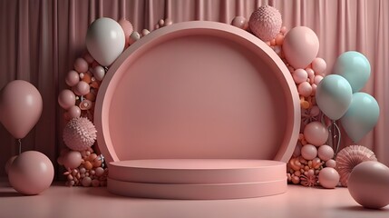 Pink podium background balloon 3d product display pastel stage day birthday ball gift. Podium platform abstract pink background love mother party color sale mom round happy room stand box cosmetic