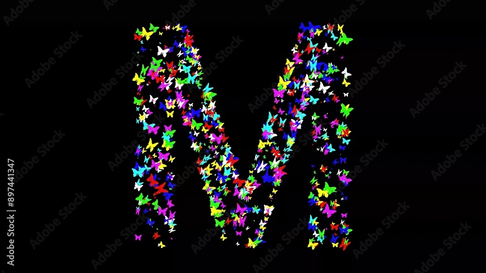 Wall mural Beautiful illustration of English alphabet M with colorful butterflies on plain black background