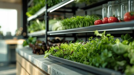 Shelves filled with fresh green vegetables and herbs growing indoors in an urban garden, reflecting the trend towards sustainable living and self-grown organic produce.