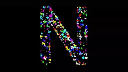 Beautiful illustration of English alphabet N with colorful butterflies on plain black background