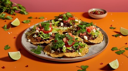 Vibrant Mexican Tostadas Plated Artfully with Fresh Ingredients on Isolated Background