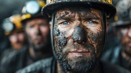 Fototapeta premium Miners covered in coal dust are seen in their safety gear and helmets, highlighting the challenging and dangerous nature of coal mining with focus on safety measures.
