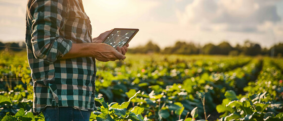 Farmer holding a tablet with real-time field data visualization