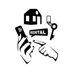 Rental house. Young man rents real estate. Online booking. Application for searching for real estate. Smartphone in hand. Modern technologies. Vector flat design. Isolated on white background.