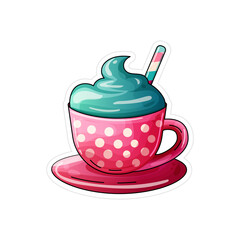 isolated flat matcha coffee in pink cup with white dots on the white background. vector sticker art